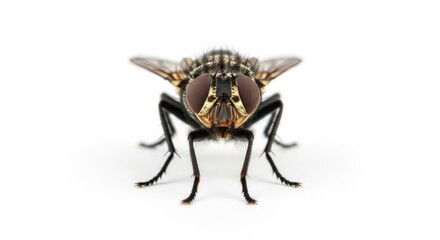 Housefly close-up showing compound eyes, translucent wings, and fine body hairs. A common insect often associated with urban environments, hygiene, and everyday life.
