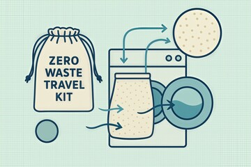 Naklejka premium Zero Waste Travel Kit for Eco Conscious Explorers Promoting Sustainable Living and Environmental Awareness Through Minimalist Packing Solutions