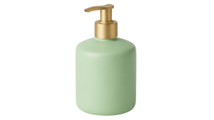 Light green ceramic soap dispenser isolated PNG, refillable liquid container with golden pump for bathroom or kitchen decor