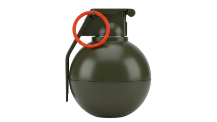 Olive green hand grenade PNG isolated on transparent background, military explosive device for combat and warfare simulations