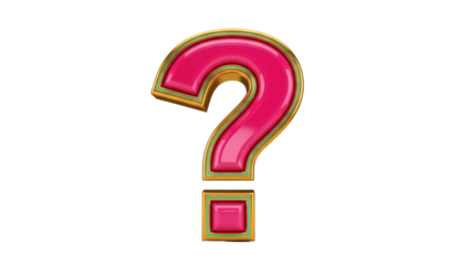 Glossy pink question mark isolated PNG, 3D rendering with gold frame on transparent background for graphic design and educational use