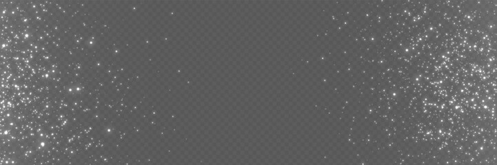 Silver glitter design with magic light effect. White sparkling border for greeting card, invitation, banner. Holiday glowing particles. Christmas luxury dust. Celebration sparks. Vector illustration. © Vegorus