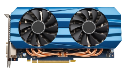 Blue and black graphics card isolated PNG, computer hardware component for gaming and cryptocurrency mining on transparent background
