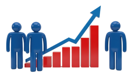 Blue stick figures with red bar graph and arrow isolated PNG, business growth and success concept on transparent background
