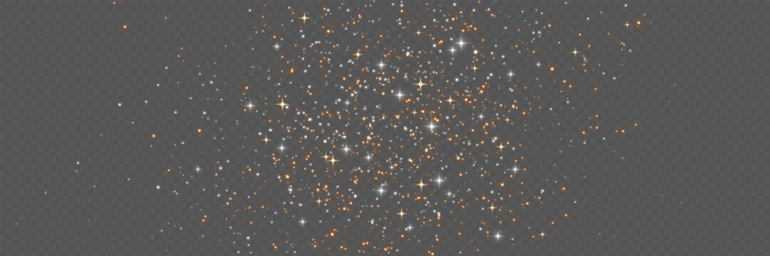 Glitter particles on transparent background. Gold and silver dust with sparkling stars. Festive powder with overlay effect. Magic stardust for poster, invitation or greeting card. Vector illustration.