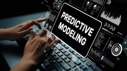 Hands Typing on Keyboard with Predictive Modeling Interface and Data Visualization Overlay. Asymptotic smart data analytic.