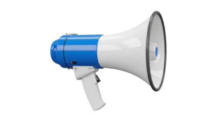 Blue and white megaphone PNG isolated on transparent background, bullhorn loudspeaker for announcements and public address systems