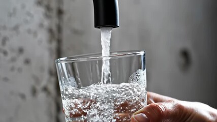Close-up of a hand filling a clear glass with fresh drinking water from a modern black tap against a concrete wall background.