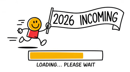 Joyful character runs with a banner announcing 2026 while a loading bar shows excitement for the new year ahead