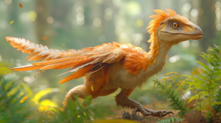 A bright orange dinosaur moves through a forest filled with tall trees and ferns. Sunlight filters through the leaves, and the dinosaur appears curious as it explores its surroundings