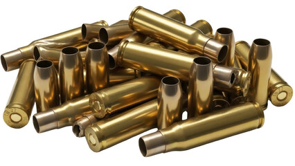Pile of golden used bullet casings isolated PNG, spent ammunition brass shells for shooting range or military themes on transparent background