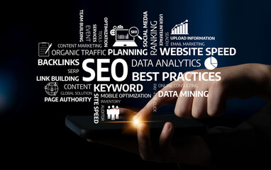 This image illustrates essential digital marketing concepts, focusing on SEO, data analytics, and...