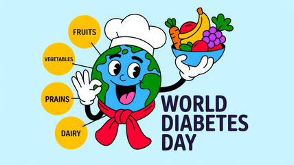 Delightful celebration of healthy eating on World Diabetes Day with a cheerful character promoting fruits and vegetables