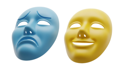 Comedy and tragedy masks isolated PNG, theatrical symbols on transparent background representing drama, acting, and performance arts