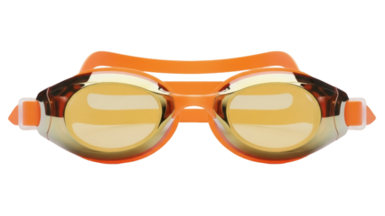 Orange swimming goggles isolated PNG on transparent background, professional eyewear for pool training and competition, waterproof eye protection