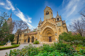 Vajdahunyad Castle with waterfront in Budapest at christmas time. Amazing Reflection.