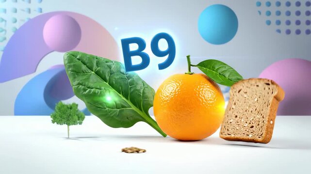 Nutritional concept showing Vitamin B9 folate with healthy food sources like leafy greens and citrus fruits