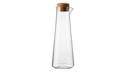 Elegant glass carafe with cork stopper isolated PNG on transparent background, minimalist drinkware for serving water or juice