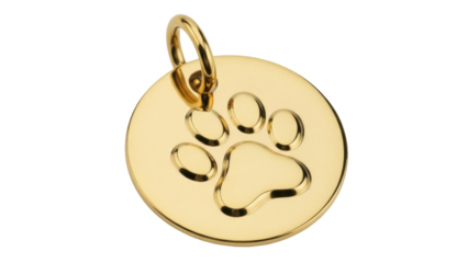 Golden dog tag with paw print isolated PNG on transparent background, pet accessory for identification and animal lovers