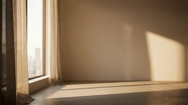 A serene and tranquil empty room with warm sunlight streaming through a large window creating soft shadows on the wall and floor.