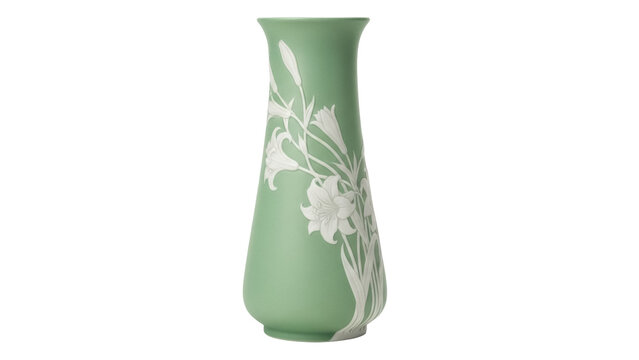 Green ceramic vase with lily design isolated PNG, decorative pottery for home decor and floral arrangements on transparent background