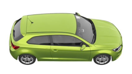Lime green hatchback car isolated PNG on transparent background, modern compact vehicle for urban transportation and eco-friendly lifestyle