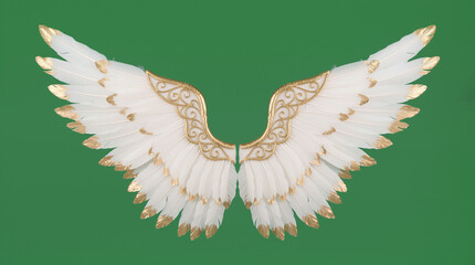 A pair of large wings made from white feathers and gold accents is displayed against a green background. The wings have intricate designs 
