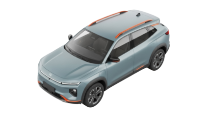 Modern light blue SUV car PNG isolated on transparent background, electric vehicle for urban transportation and eco-friendly lifestyle