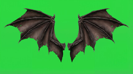 Bat wings are shown with detailed structure highlighting the bone and membrane lines. The wings are laid out flat against a bright green background, useful for design and animation purposes