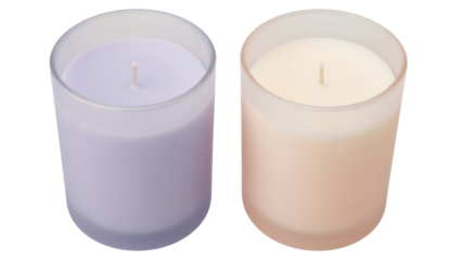 Two scented candles in glass jars isolated PNG on transparent background, purple and peach wax candles for aromatherapy and home decor