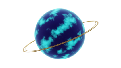 Blue planet with rings isolated PNG, celestial body with turquoise clouds on transparent background, space object for astronomy and science