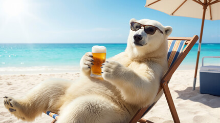 A polar bear sits on a beach chair holding a drink while wearing sunglasses. The setting includes clear blue water and a sunny sky. The bear appears to be enjoying its time at the beach