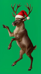 A reindeer stands on its hind legs and raises one front leg while wearing a red Santa hat. The bright green background suggests a festive atmosphere during the holiday season