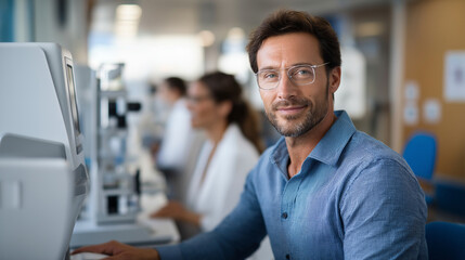 Obraz premium Faceless optometrist man patient with eye exam machine heavily defocused background anonymous people with vision test determine prescription assessment optometry lens selection