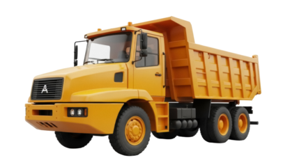 Yellow dump truck PNG isolated on transparent background, heavy construction vehicle for building and mining industry
