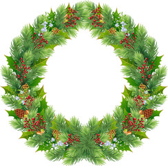 Christmas wreath decorations with fir tree, bows, pine cones, holly berries and garland decorative elements. png