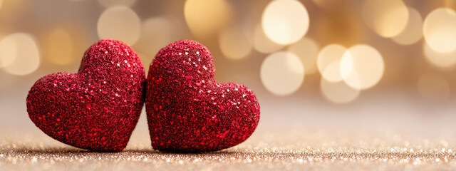 red heart-shaped, symbol of love and romance for valentine's background with soft gold bokeh lights background.	