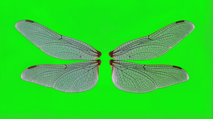 Four insect wings are shown in detail against a bright green background. The wings have clear patterns with fine veins and a distinct structure
