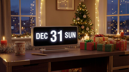 A clock displays December 31 on a sunny day. The scene features a Christmas tree with lights, holiday gifts, candles, and a warm drink on a table, creating a festive atmosphere in the room