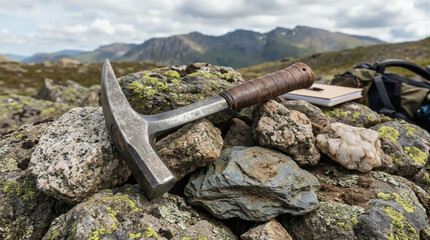 A tool is placed on a pile of rocks in a mountainous landscape. Nearby, a notebook and a bag sit on the ground. The scene shows a mix of stones and green moss under a cloudy sky