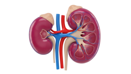 Detailed kidney anatomy model isolated PNG, human organ cross-section with renal artery and vein for medical education and healthcare visuals