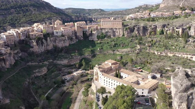 Aerial photo of Cuenca with view of medieval buildings. Castilla-La Mancha, Spain.