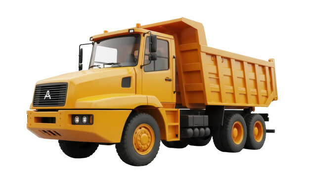 Yellow dump truck PNG isolated on transparent background, heavy construction vehicle for building and mining industry