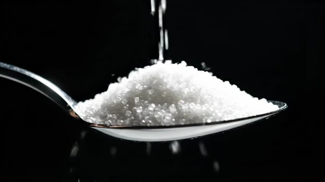 White granulated sugar pouring onto a silver spoon isolated on a black background, piling up in a detailed macro shot representing unhealthy diet and sweetness.