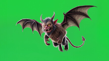 A fantasy creature with fur and large wings flies in a dynamic pose. The creature has sharp claws and teeth. It appears to be in mid-air against a bright green backdrop used for animation purposes