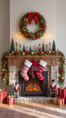 A fireplace is decorated for Christmas with a wreath, stockings, and festive items. Candles stand tall, and wrapped gifts are placed below. Small trees and nutcracker figures add to the holiday cheer