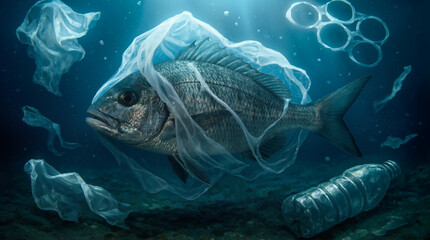 A fish swims in the ocean surrounded by plastic debris, including bags and bottles. This scene shows the effects of pollution on marine life and their natural habitats