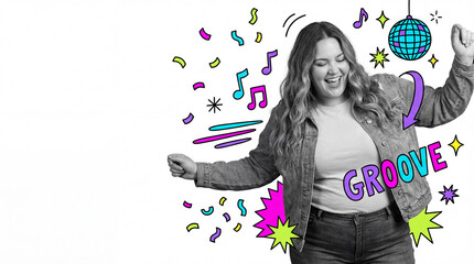 Happy woman dancing with colorful stickers on a white background  