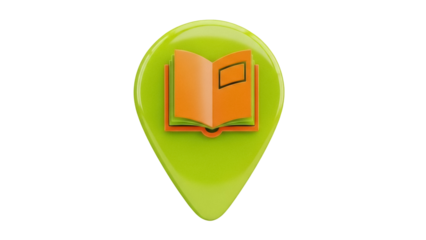 Green map pointer with open book isolated PNG, location pin for library or bookstore on transparent background