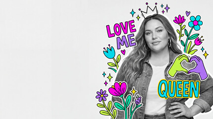 Confident woman embracing body positivity with colorful stickers  